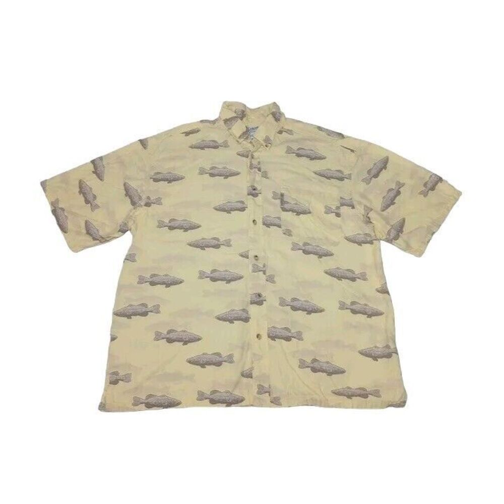 Columbia Men's Large Shirt Yellow Button Up All Over‎ Fish Cotton Viscose